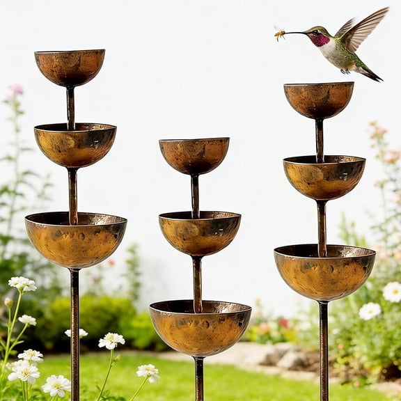 XIBUFE Plant Support,Rust Patina Metal Rain Catcher Garden Stake with Water Bowl,Decorative Outdoor Yard Accent (3pcs)