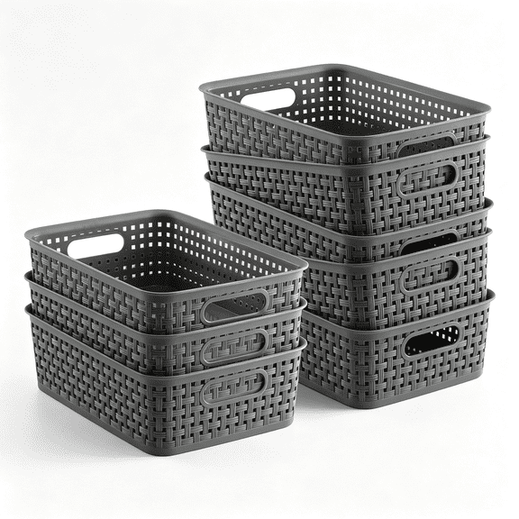 XIBUFE Plastic Storage Baskets - 8 Pack, Gray, Durable, Easy to Use, Flexible, Multi-Purpose, Ideal for Closets, Cabinets, Shelves, Countertops Multi-Purpose Baskets for Organizing