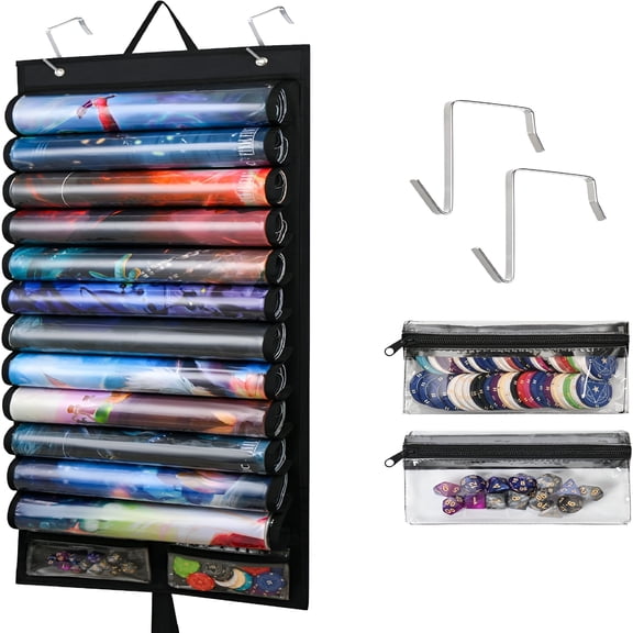 XIBUFE Playmat Holder Playmat Tube Storage Bag for MTG,Fits 12 Card Game Playmats with Transparent Plastic Slots & 2 Detachable Dice Pouches,Portable Organizer Rack for TCG/RPG Mat (12+2,Black)