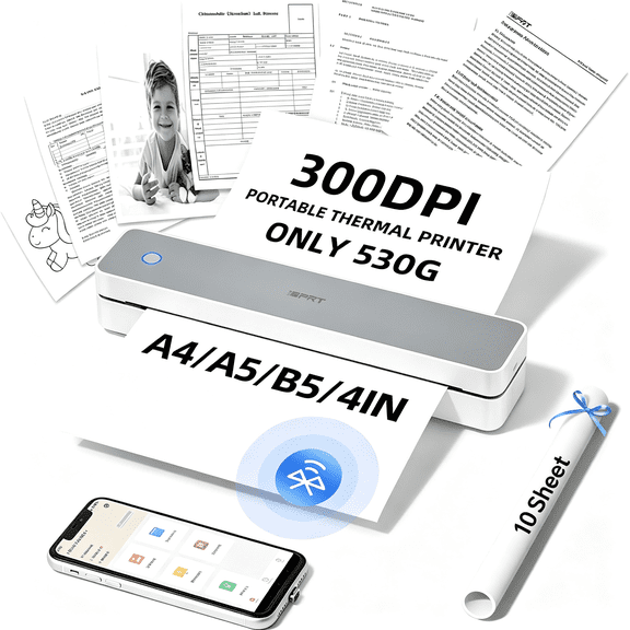 XIBUFE Portable Thermal Printer,300Dpi Hd Mobile-Travel-Printers,Inkless-Wireless-Small-Printer for Home Use,Office,Vehicles,Bluetooth Printers Supports 8.5"X11" Us Letter&A4&A5,White