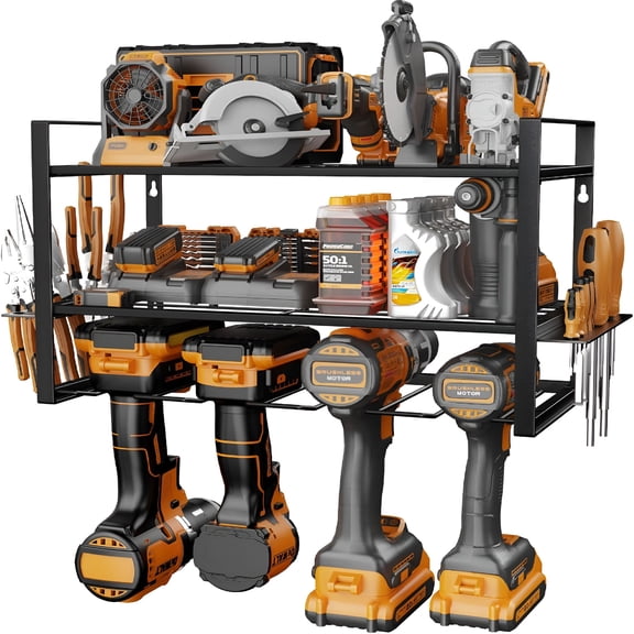 XIBUFE Power Tool Organizer, Wall Mount for 4 Drills, 3 Layer Duty Metal Tool Rack with Screwdriver and Hammer Holder, Work Shop, Garage Storage, 150Lbs Load Capacity