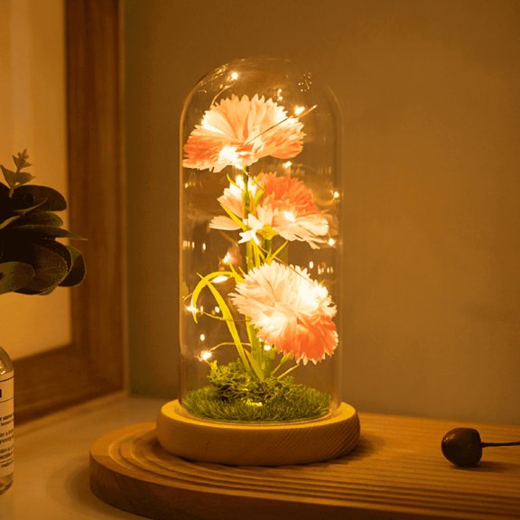 XIBUFE Preserved Artificial Carnation in Glass Dome with LED String Light, Glass Rose Artificial Flowers with Eternal Carnation, Mothers Day Carnation Flowers Gifts for Mom&Women,Pink