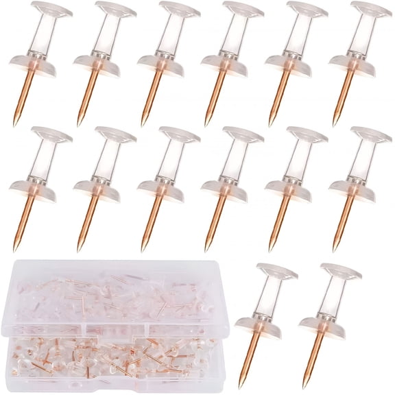 XIBUFE Push Pins Rose Gold Thumb Tacks Transparent Plastic Head And Gold Steel Point Tack Pins for Hanging Pictures,Posters,Documents,Tips,Bulletin Boards,Map Mark,With Box(100 Count)