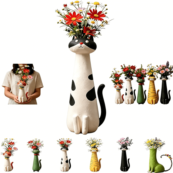XIBUFE Quirky Cat Vase for Flowers Handcrafted Ceramic Kitty Planter, Whimsical 7.5" Flower Vase, for Desk, Shelf & Boho Home Decor, a Good Gift for Cat Lovers