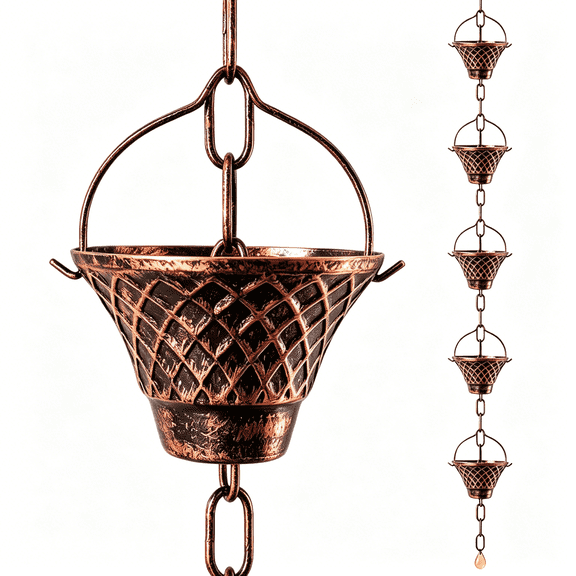 XIBUFE Rain Chain 8.5Ft 12 Cups Metal Rain Chain for Gutters,Elegant Rainwater Collection Chain for Outdoor Patio,Garden,And House Eaves(Copper)