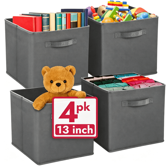 XIBUFE Reli.13X13X13 Storage Cube Bins 4Pcs,Dark Gray Fabric Cube Storage Organizer,Durable 13X13X13 Storage Cube Bins