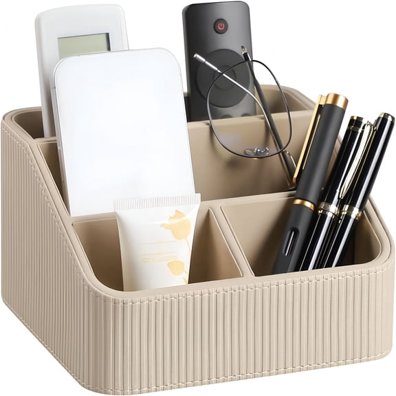 XIBUFE Remote Control Holder with 4 Compartments,PU Leather Small Nightstand Organizer for Home Desk Accessories Office Supplies,Multifunctional Stylish Small Bedside Desktop Organizers (Beige)