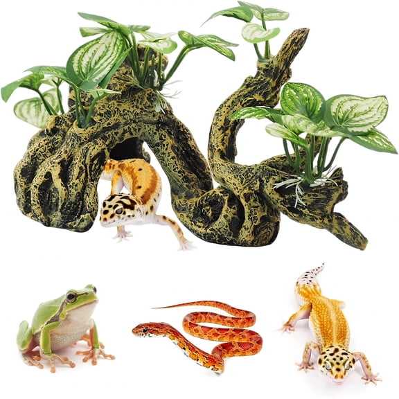 XIBUFE Resin Branch for Reptile Tank,Crested Gecko Climbing Branches with Hideout Cave Bearded Dragon Tank Accessories Lizard Terrarium Habitat Plant Decorations for Snake Gecko Spider Frog