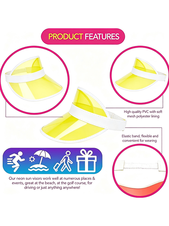 Retro Neon Clear PVC Sun Visor Hat for Women Men, 80s 90s Vintage Plastic Sun Hat for Beach, Tennis, Festival, Party Classic 80s Visor
