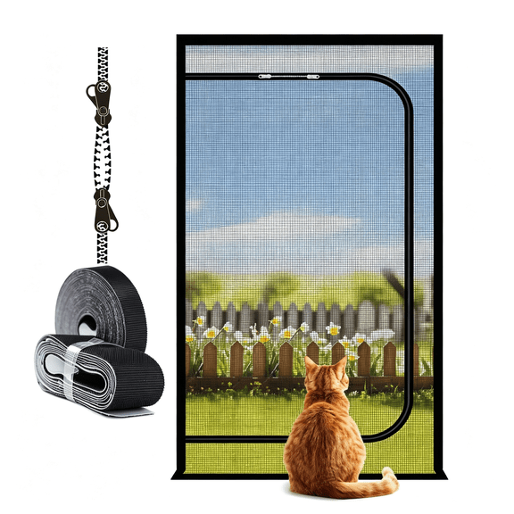 XIBUFE Reversible Cat Screen Door,Black Net Reinforced Pet Scratch Proof Mesh with Double Zippers Closure,Left/Right Door,Keep Bugs Out,Fits Door Opening Size 28X80 in