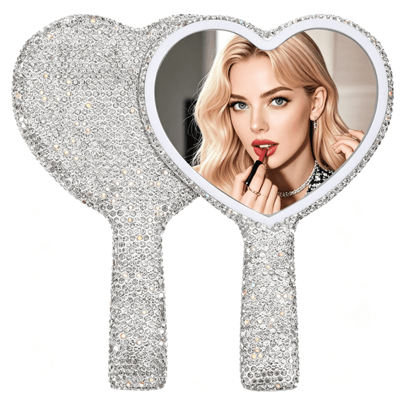 XIBUFE Rhinestone Handheld Mirror,Heart Shaped Glitter Cosmetic Mirror with Handle,Wedding & Makeup Accessories for Women,Handheld Mirror Silver White (6.3 Inch