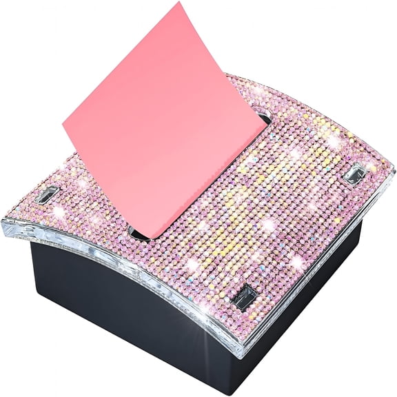 XIBUFE Rhinestone Self Sticky Note Holder Post-it Note Dispenser Pop-Up Sticky Notes Dispenser 3 x 3 inch Post-it Dispenser for Office Desk Accessories(Pink)