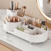 XIBUFE Rotating Makeup Organizer for Vanity Countertop,White,Plastic Cosmetic Display Case,Large Beauty Brush Holder for Bathroom Counter,Skin Care Perfumes Storage
