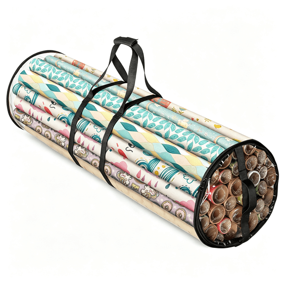 XIBUFE Round Christmas Gift Wrapping Paper Organizer Storage-40" Gift Wrap Storage Containers-Wrapping Paper Holder,Clear Pvc Waterproof,Fits 25 Standard Rolls-Black
