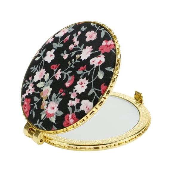 XIBUFE Round Mini Floral Mirror for Women Purses Pocket Compact Portable for Travel Makeup Grooming Beauty Care Fashion Accessory Gift for Her Black