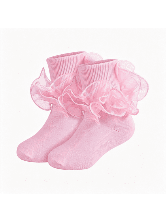 Ruffle Socks for Girls Fold Cuff Big Lace Frilly Dress Socks | 2 Pairs Soft Cotton Double Lace Toddler Girl Tutu Socks Fluffy Ruffles Stretch for Easter Pageant School Church Outfit