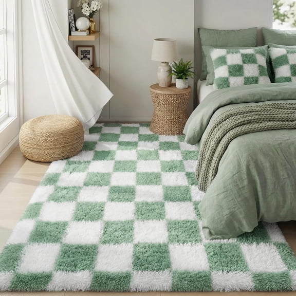XIBUFE Rugs for Bedroom Living Room,3X5 Fluffy Soft Checkered Shag Area Rug Fuzzy Shaggy Plush Bedside Small Carpet,Sage Green and White Rug for Kids Boys Girls Dorm Nursery Home Decor Aesthetic