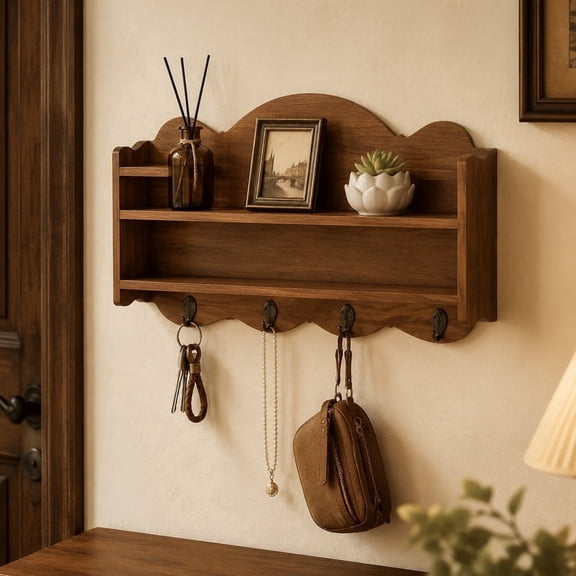 XIBUFE Rustic Wooden Wall Shelf with Hooks, 19.5 inch Wall Mounted Storage Shelf Organizer, Entryway Key Holder Rack for Living Room, Kitchen, Bedroom Wall Decor, Holiday Home Organization
