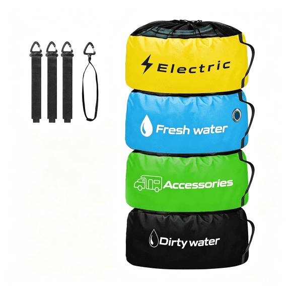 XIBUFE Rv Storage and Organization Bag 4 Pack Camper Waterproof Storage Bags | Rv Accessories Organizer Bags for Sewer Hoses,Fresh & Waste Water Hoses,Electrical Cords (Black/Blue/Yellow/Green)