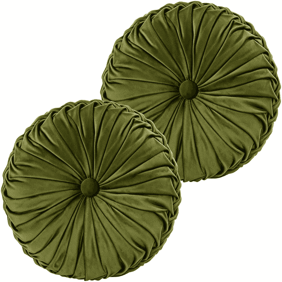 XIBUFE Set of 2 Decorative Round Pleated Throw Pillows,Classy Accent Pumpkin Throw Pillows with Center Button,Vintage Velvet Floor Pillows for Sofa Couch Vanity Chair Bed,Olive,14.5"Diameter(Ripple)