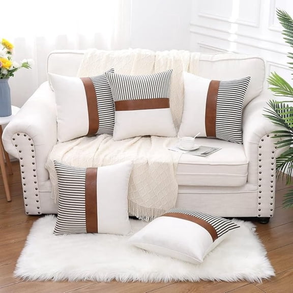 XIBUFE Set of 2 Faux Leather Throw Pillows 18X18 with Inserts, Boho Striped Farmhouse Outdoor Pillows, Decorative Accent Cushions for Couch Patio Living Room, Grey