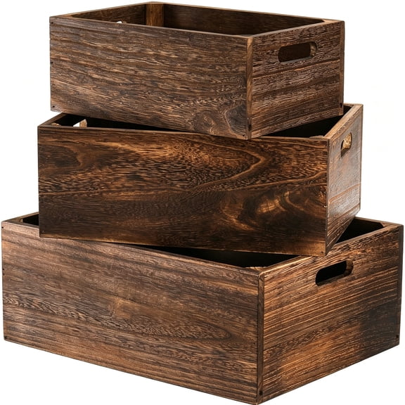 XIBUFE Set of 3 Wood Nesting Storage Crates with Handles,Decorative Farmhouse Wooden Crates Storage Containers Rustic Handmade Natural Solid Wood Basket