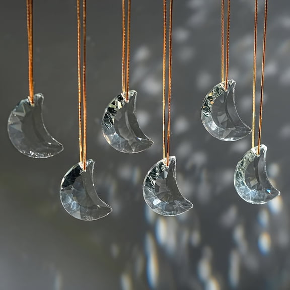 XIBUFE Set of 6 Crystal Glass Hanging Ornaments Clear Faceted Crystal Moon Prisms Ornaments for Window Home Car Decor