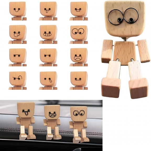 XIBUFE Shaking Wooden Man,Shaking Feet Wooden Doll Figurine Car Ornament with 12 Pcs Magnetic Changeable Expressions,Funny Wood Car Dashboard Decoration for Most Cars Dashboard