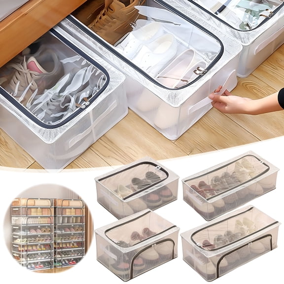 XIBUFE Shoe Boxes, 10 Pieces, Transparent Plastic Storage Box for Shoe Storage Space Saving, Foldable Boxes Box with Lid for Women, Men, All Sizes Shoes Small Single-Window Clear Shoe Boxes