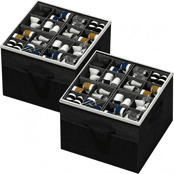 XIBUFE Shoe Organizer for Closet,2 Pack Foldable Shoe Storage Organizer Box Bin with Adjustable Dividers and Clear Cover,Fits Up to 16-32 Pairs Adjustable Shoe Storage Organizer