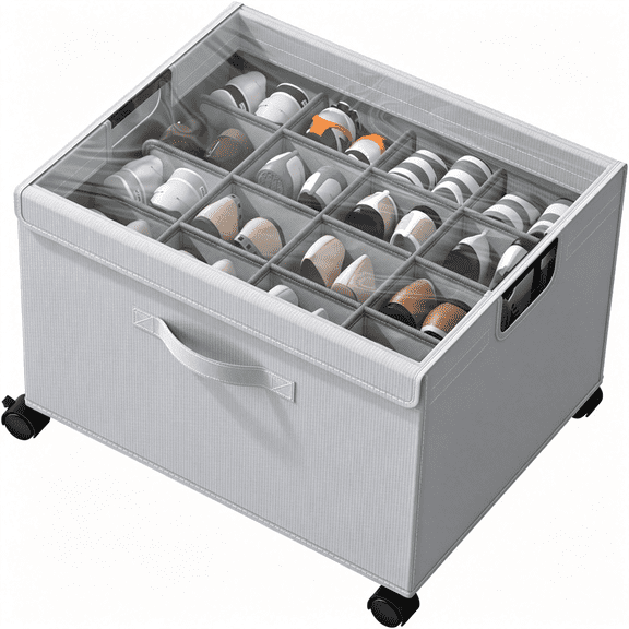 XIBUFE Shoe Organizer for Closet, Shoe Storage Organizer with Reinforced Metal-Steel Frame, Lockable Wheels & Clear Cover, Foldable Shoe Box for Closet and Entryway, Grey
