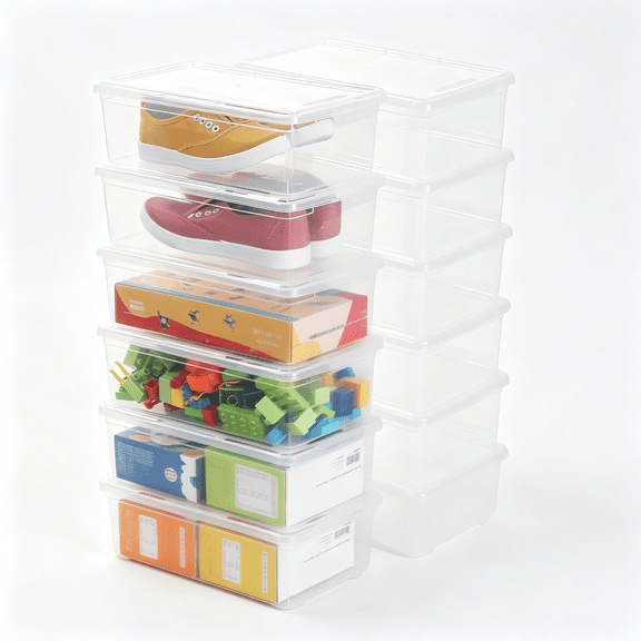 XIBUFE Shoe Storage Boxclear Plastic Stackable Storage Boxwith Lid Durable Closet Containers for Shoes,Crafts and Art Supplies(12 Pack-6Qt)Space Saving Clear Shoe Storage Boxes
