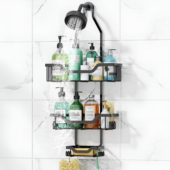 XIBUFE Shower Caddy Hanging, 3 Tier Rustproof Shower Organizer, Shower Rack with Baskets/Soap Basket, Hooks for Razor/Sponge, No Drilling Bathroom Organizer over Showerhead - Black