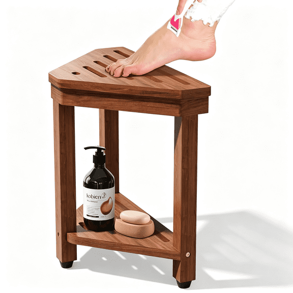 XIBUFE Shower Foot Rest 15 In,Acacia Shower Stool for Shaving Legs,Corner Bath Shower Bench with Starage Shelf for Inside Small Shower Spaces,Shower Stool for Shaving Legs