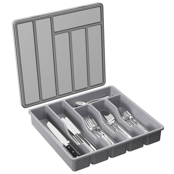 XIBUFE Silverware Organizer with Lid,Covered Utensil Tray for Kitchen Drawer and Countertop,Plastic Cutlery and Flatware Storage Box for Spoons Forks Knives Holder Case,6 Compartments,Gray