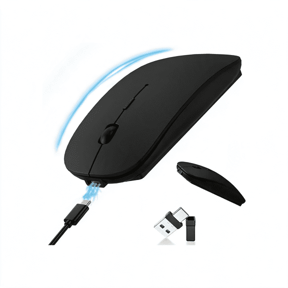 XIBUFE Slim Bluetooth Wireless Mouse with Jiggler - Black | Rechargeable Portable Mouse, Bt5.2 & 2.4G, Usb-C/Usb-A Receiver, Adjustable Dpi for Macbook, Ipad, Laptop & Pc
