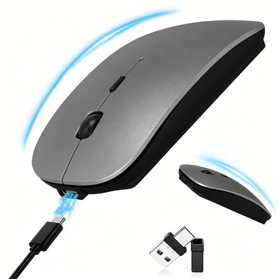 XIBUFE Slim Bluetooth Wireless Mouse with Jiggler-Gray,Rechargeable Portable Mouse,Bt5.2&2.4G,Usb-C/Usb-A Receiver,Adjustable Dpi for Macbook,Ipad,Laptop&Pc