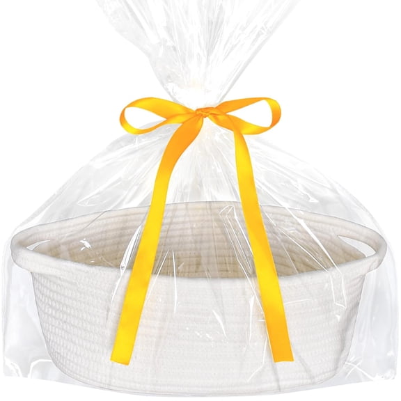 XIBUFE Small Basket Empty Gift Basket,Decorative Boho Rope Woven Nursery Storage Organizer Dog Toy Baskets for Baby Showers Christmas Easter with Gift Bags and Ribbons,12"X 8" X 5",White