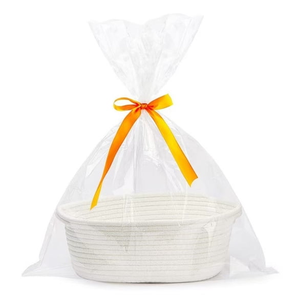 XIBUFE Small Basket Empty Gift Basket, Decorative Boho Rope Woven Nursery Storage Organizer Dog Toy Baskets for Baby Showers Christmas Easter with Gift Bags and Ribbons, 12"X 8" X 5"