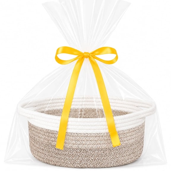 XIBUFE Small Basket Empty Gift Basket,Decorative Boho Rope Woven Nursery Storage Organizer Dog Toy Baskets for Baby Showers Christmas Easter with Gift Bags and Ribbons,12"X 8" X 5"