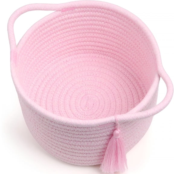 XIBUFE Small Cute Pink Gift Basket Empty to Fill  Mini Wicker Woven Cotton Rope Organizer 8"4.7",Pastel Decorative Makeup Holder for Girls&Women,Bathroom,Valentines/Desk Bin,Shower Gift