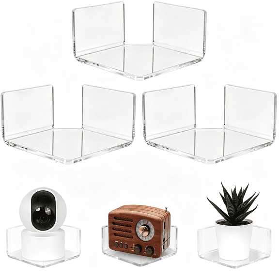 XIBUFE Small Floating Shelf for Baby Camera,30 Second No Drill Install Small Wall Shelf,Clear Acrylic Corner Video Bracket,3 Pack