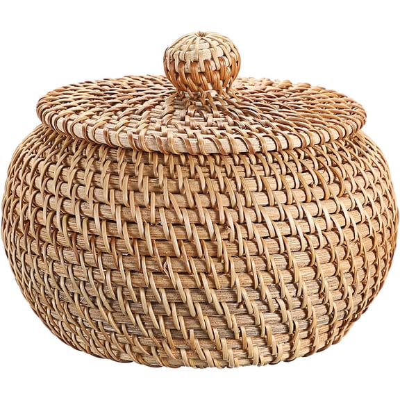 XIBUFE Small Rattan Basket With Lid, 4.7 Inch Handwoven Wicker Storage Box, Round Decorative Basket for Shelf Decor, Key Bowl, Candy Organizer, Natural Cestas Decorativas, X-Small