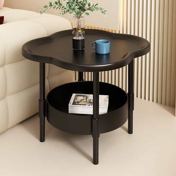 XIBUFE Small Round Side Table with Lower Shelf, 2-Tier Bedside End Table for Living Room, Plastic Nightstand with Storage and Wheels for Small Spaces, Black