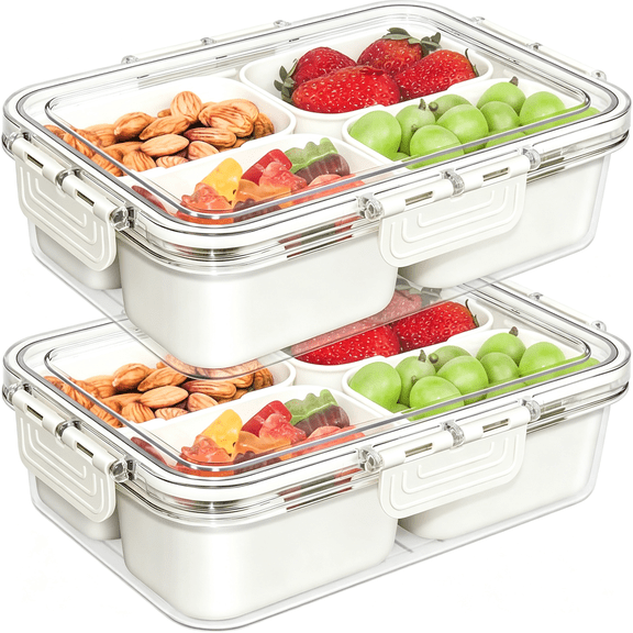 XIBUFE Small Snackle Box Container, Updated Pp Dishwasher Safe Divided Serving Tray with Lid, 4 Compartment Snack Box Container for Candy, Fruits, Charcuterie, Travel & Parties, Bpa-Free, 2 Pack