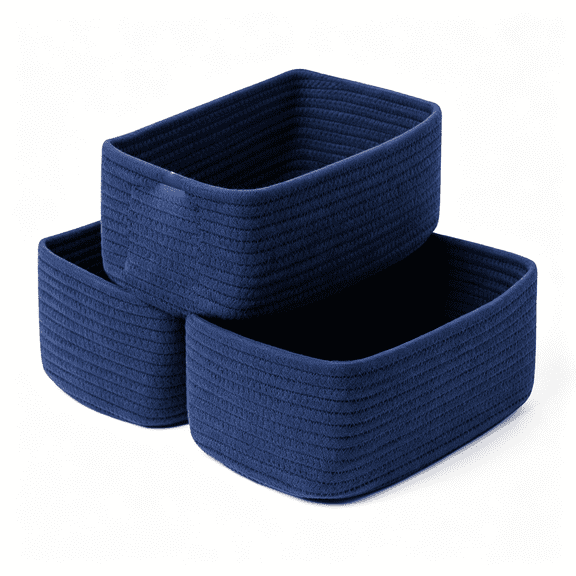 XIBUFE Small Storage Baskets for Organizing,Closet Organizer Bins,Shelf Toy Basket,Woven Rope Baskets,Cube Decorative Box,Shallow Basket,11.5X7.5X4.7,3Pcs Navy Blue