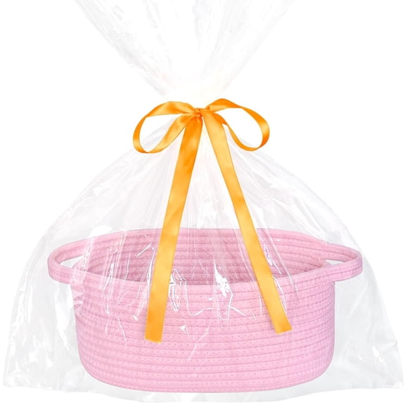 XIBUFE Small Woven Easter Basket with Handle,12X8X5 Inches,Durable Storage Basket,Gift Wrap Ready with Ribbon,Easter Baskets for Kids Empty
