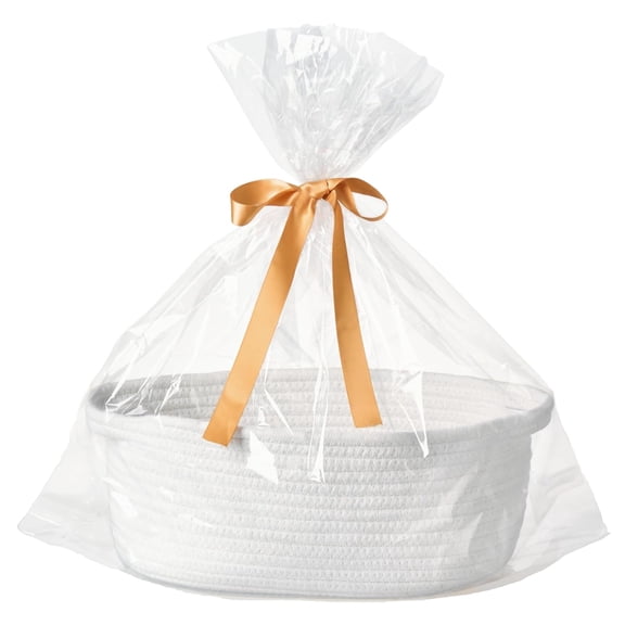 XIBUFE Small Woven Gift Basket Empty with Bag&Ribbon,Storage Basket for Father'S Day for Dad,Baby Shower,Raffle,Birthday,Cute Organizer with Handles,12"X8"X5",White