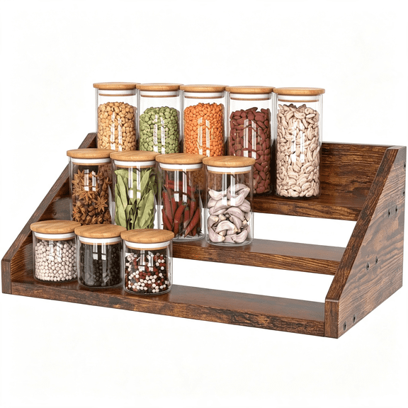 XIBUFE Spice Rack Organizer for Cabinet,Robust Wooden Display Riser Shelf Seasoning Organizer for Countertop Cupboard Pantry,Condiment Jar Kitchen Storage Holder Super Sturdy Stand,Rusitc