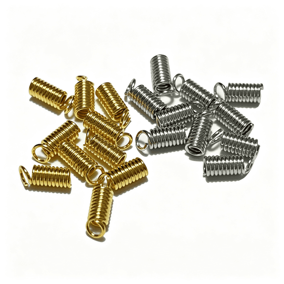 XIBUFE Spring Cap Connectors, 200 Pieces, Stainless Steel Spring Post Terminals, Coil End Caps With Loops, For DIY Rope End Jewelry Making, Gold Silver